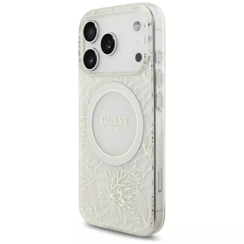 GUESS IML Flowers Allover Electroplated custodia MagSafe con cinturino perle per iPhone 18 Pro / 17 Pro - bianco