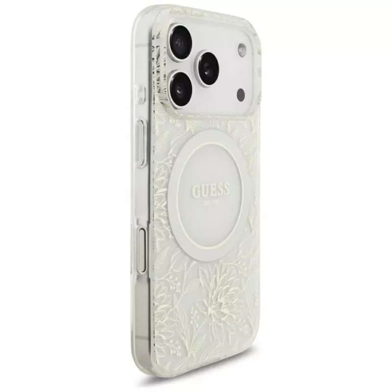 GUESS IML Flowers Allover Electroplated custodia MagSafe con cinturino perle per iPhone 18 Pro / 17 Pro - bianco