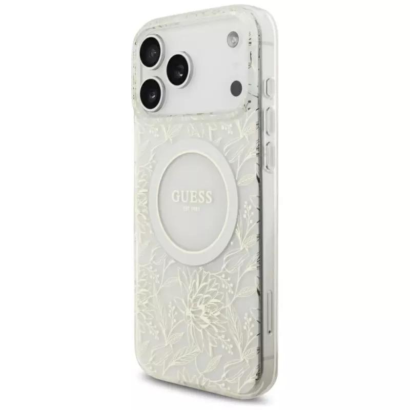 GUESS IML Flowers Allover Electroplated custodia con bracciale perle MagSafe per iPhone 18 Pro Max / 17 Pro Max bianco