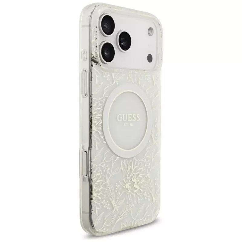 GUESS IML Flowers Allover Electroplated custodia con bracciale perle MagSafe per iPhone 18 Pro Max / 17 Pro Max bianco