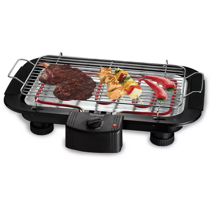 Techwood TBQ-836P Grill elettrico con treppiede, 2000W, griglia cromata 36,5 cm, Nero