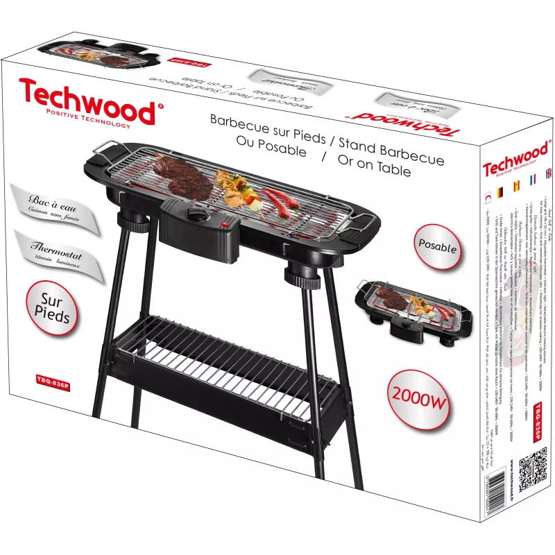 Techwood TBQ-836P Grill elettrico con treppiede, 2000W, griglia cromata 36,5 cm, Nero