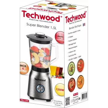 Techwood TBLI-1250 frullatore da tavolo 1200 W 1,5 L contenitore in vetro nero/argento
