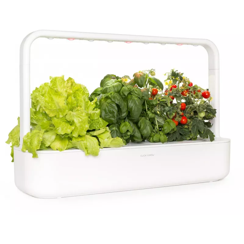Click & Grow Smart Garden 9 orto da interno per erbe aromatiche e verdure con lampade LED per la crescita, autoirrigazione, 9 capsule di piante, bianco
