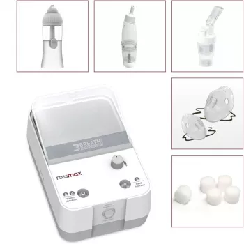 Rossmax NK1000 nebulizzatore a compressore a pistone 3-in-1 con irrigazione nasale e aspiratore, dimensione particelle 2,5 μm, dose particelle fini >80 %, velocità di nebulizzazione 0,35 ml/min, bicchiere farmaco 5 ml, capacità irrigazione nasale 10 ml, rumore <60 dB, funzionamento continuo, adulti e bambini