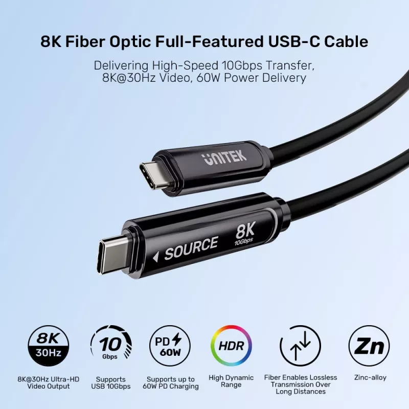 UNITEK cavo ottico attivo USB-C 10m 10Gbps PD60W 8K@30Hz nero