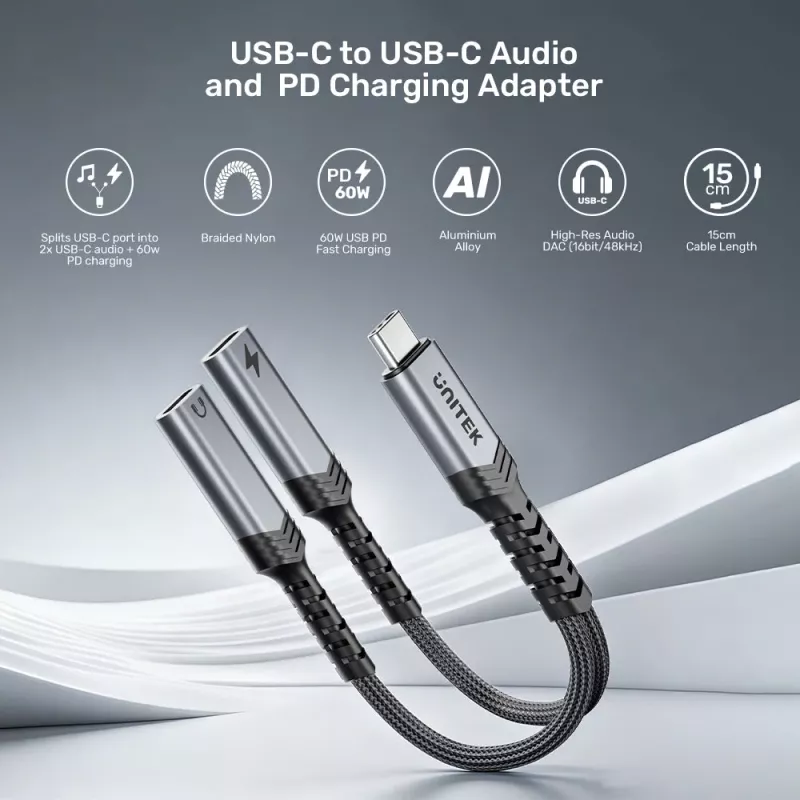 Unitek adattatore audio e ricarica USB-C con Power Delivery 60W, 15 cm, Space Grey