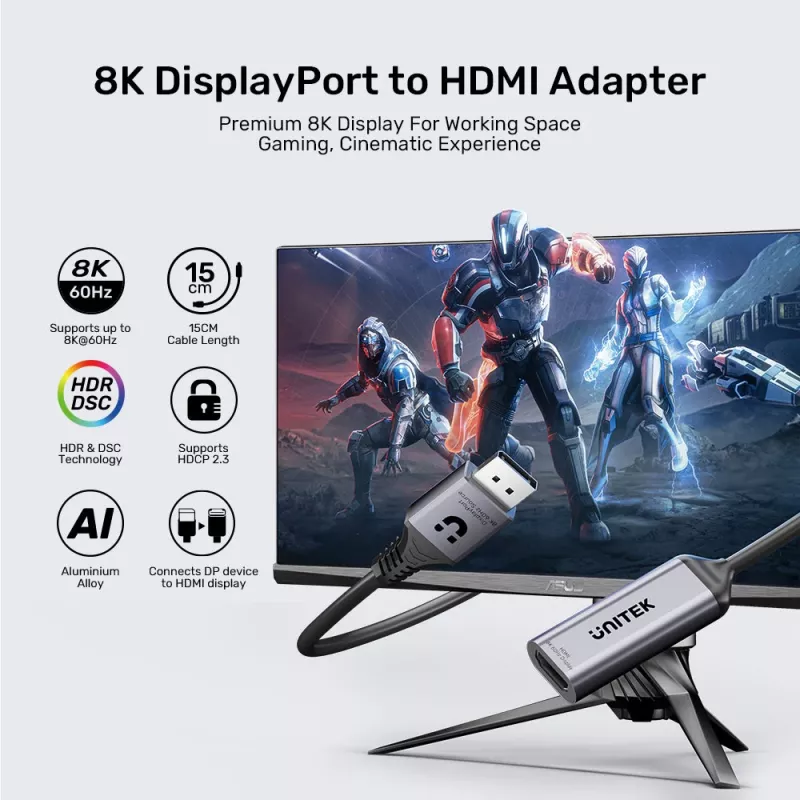 UNITEK adattatore DisplayPort a HDMI 2.1 8K@60Hz HDR 48Gbps 15cm