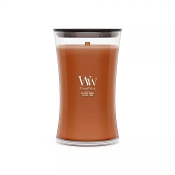 WoodWick Saffron Smoke candela in vetro grande a clessidra 609,5g
