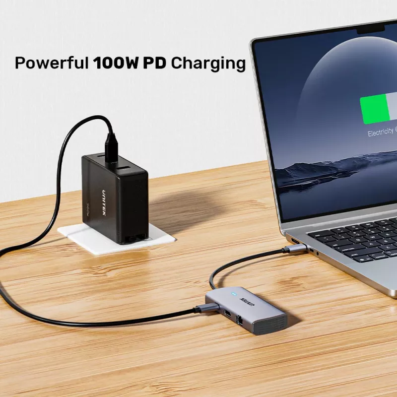 UNITEK hub multiporta USB-C 6-in-1 | 3x USB-A 5Gbps | PD 100W | HDMI 4K@30Hz | RJ45 Gigabit Ethernet | Space Grey