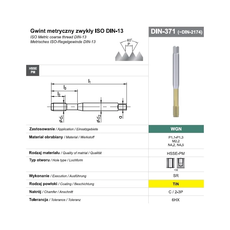 Maschio per filettare a rullare M10 DIN 371C (6HX) SR HSSE-PM WGN TiN