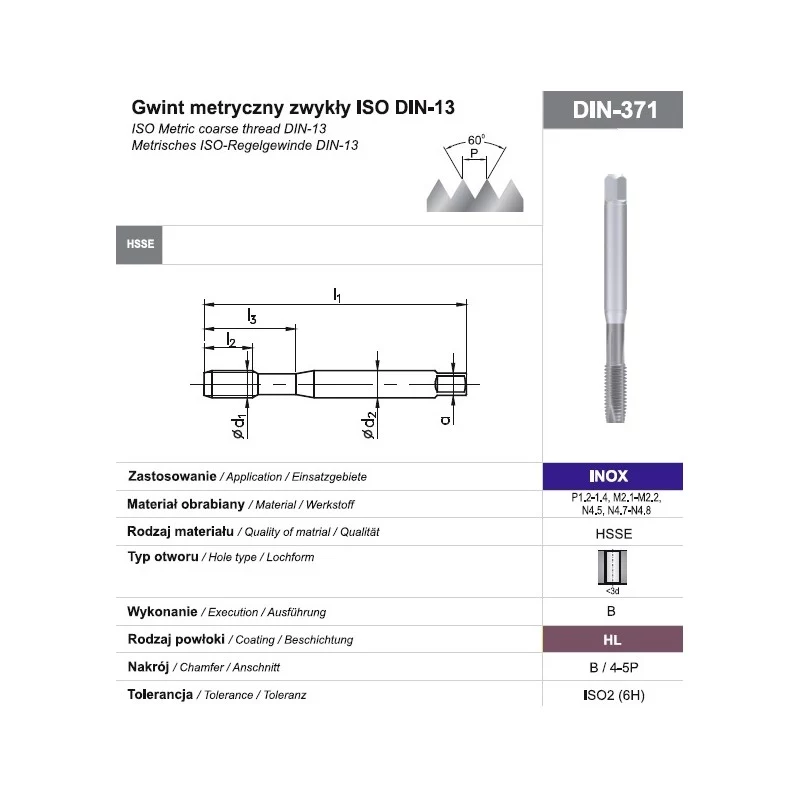 Maschio per filettare a macchina M10 DIN 371B 6H HSSE-PM HL INOX per acciaio inox