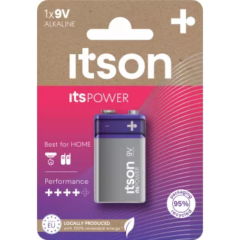 ITSON 6LR61IPO/1CP batteria alcalina 9V (6LR61, PP3, 1 confezione) – senza mercurio, 5 anni di conservazione