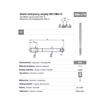 M16 DIN 376B (6H) HSSE 800 Maschio per filettare a macchina per fori passanti