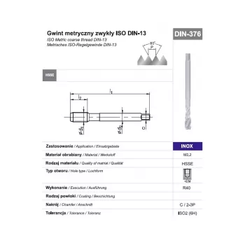 M12 Maschio per filettare a macchina DIN 376 C 6H HSSE-Co5 per acciaio inox