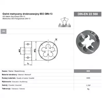 Filiera per filettatura tonda M16x1 DIN-22568 (6g) HSS 800