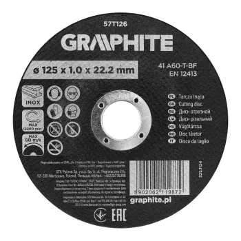 GRAPHITE disco da taglio in corindone 125 x 1,0 x 22,2 mm per metallo e acciaio inox, 41 A60-T-BF, 110 pezzi in cartone