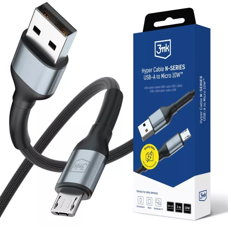 3mk Hyper Cable N-SERIES USB-A a Micro 3m QC 3.0 5V/2A 10W Nero
