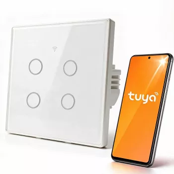 Qoltec 52718 Interruttore luce smart touch Wi-Fi a 4 canali con timer, Tuya/Smart Life, vetro temperato, bianco