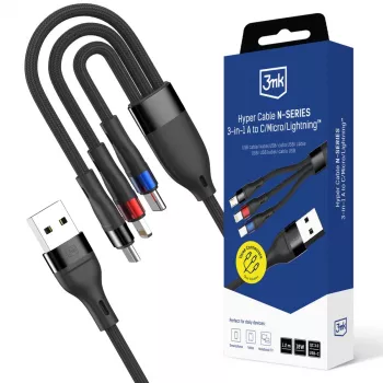 3mk Hyper Cable N-SERIES 3-in-1 USB-A a USB-C/Lightning/MicroUSB 1,2m 9V/2A 18W nero