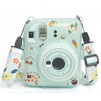 LOVEINSTANT Custodia protettiva per Fujifilm Instax Mini 12 con adesivi e borsa fotografica - Verde glitter