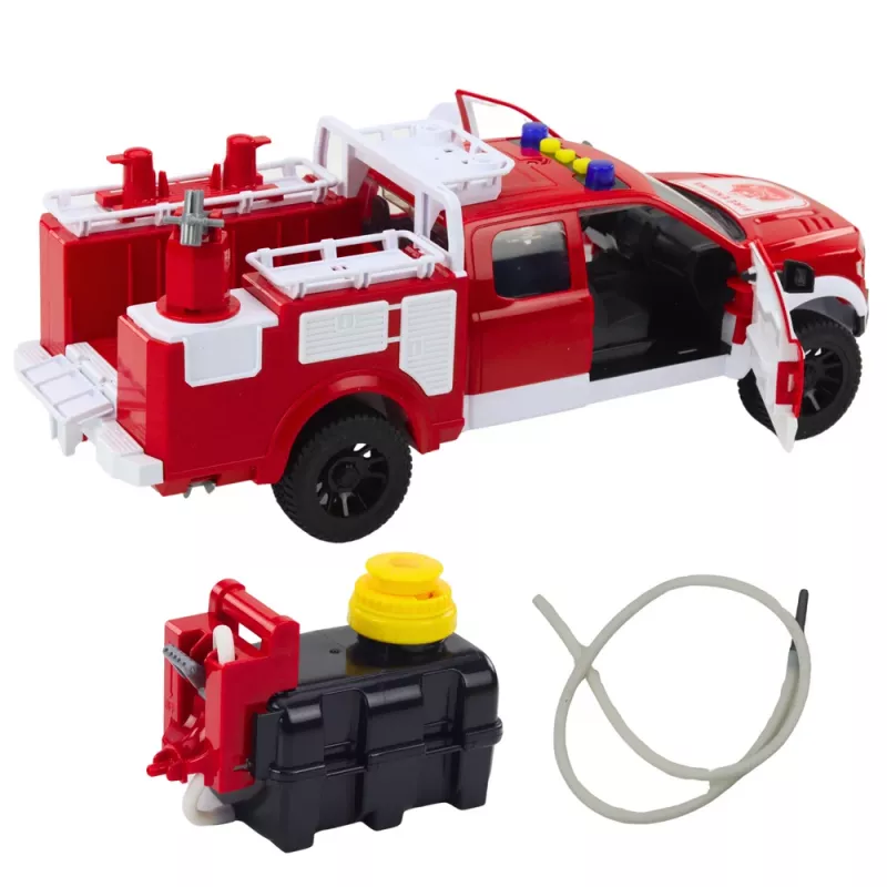 LEAN TOYS Camion dei pompieri con funzione spruzzo d'acqua, luci e suoni, Bianco-Rosso, 1:12
