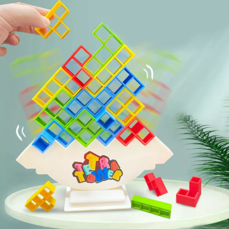LEAN TOYS Tetris Tower Gioco di equilibrio e abilità 16 blocchi 22 carte colorate