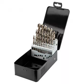 NEO TOOLS set di 25 punte per metallo HSS-Co cobalto, 1,0–13,0 mm, rettificate, angolo punta 135°, DIN 338, cassetta in metallo