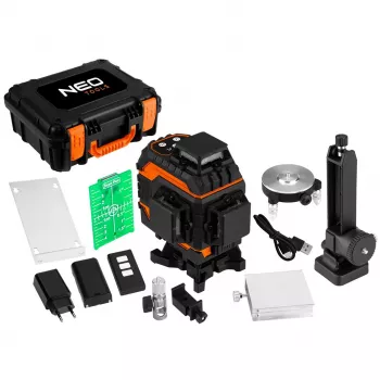 NEO TOOLS 75-140 livellatore laser 3D, 12 linee verdi, 3 x 360°, ricaricabile, con valigetta, piastra di mira, supporto magnetico, caricabatterie