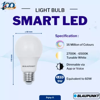 Blaupunkt E27 9W lampadina LED smart A60 – Tunable White & RGB, Wi-Fi, Alexa/Google Assistant