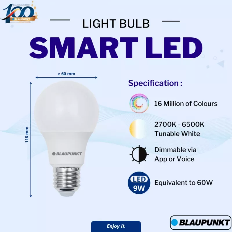Blaupunkt E27 9W lampadina LED smart A60 – Tunable White & RGB, Wi-Fi, Alexa/Google Assistant