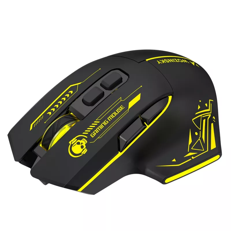 WOZINSKY WMGB-1181 mouse da gaming wireless, 3200 DPI, retroilluminazione RGB, ricaricabile, nero-giallo