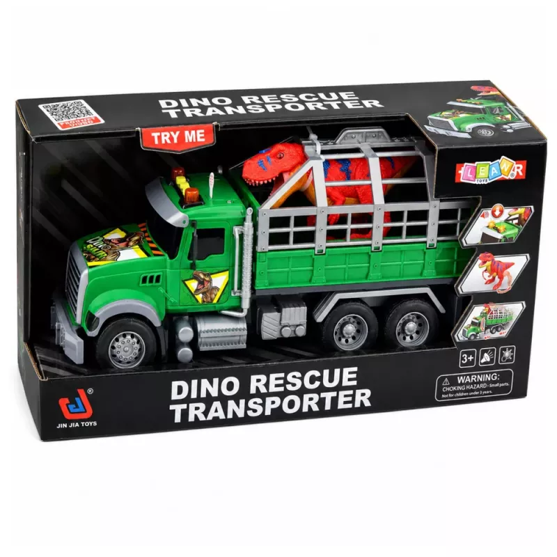 LEAN TOYS Camion trasportatore con gabbia e figura dinosauro T-Rex con luce e suono 1:12