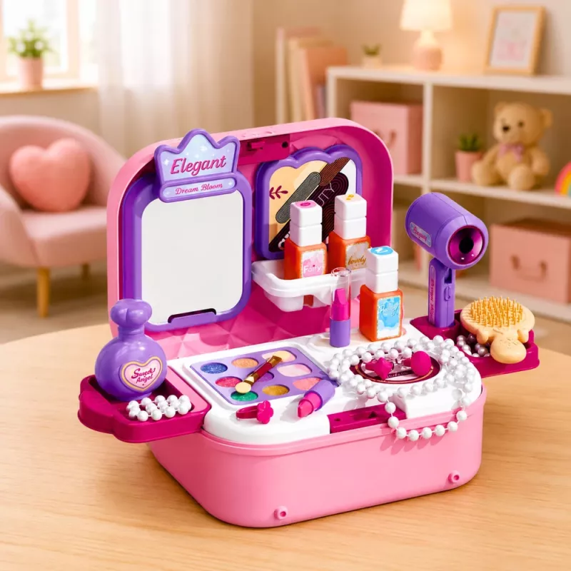 LEAN TOYS Set bellezza 2-in-1 portatile con custodia, specchio, cosmetici e accessori, rosa