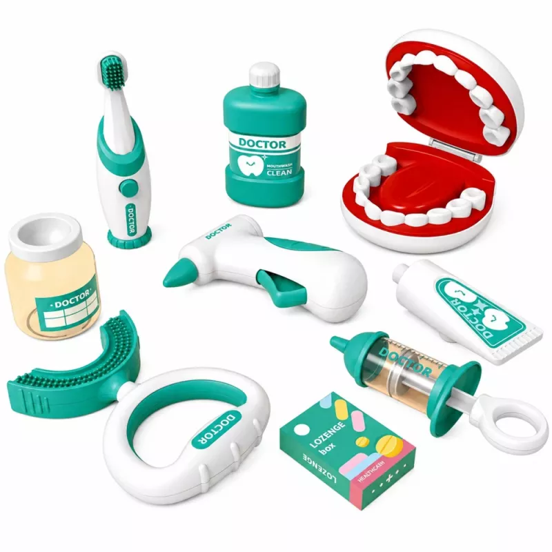 LEAN TOYS Piccolo set da dentista con spazzolino vibrante, blu, 15 pezzi