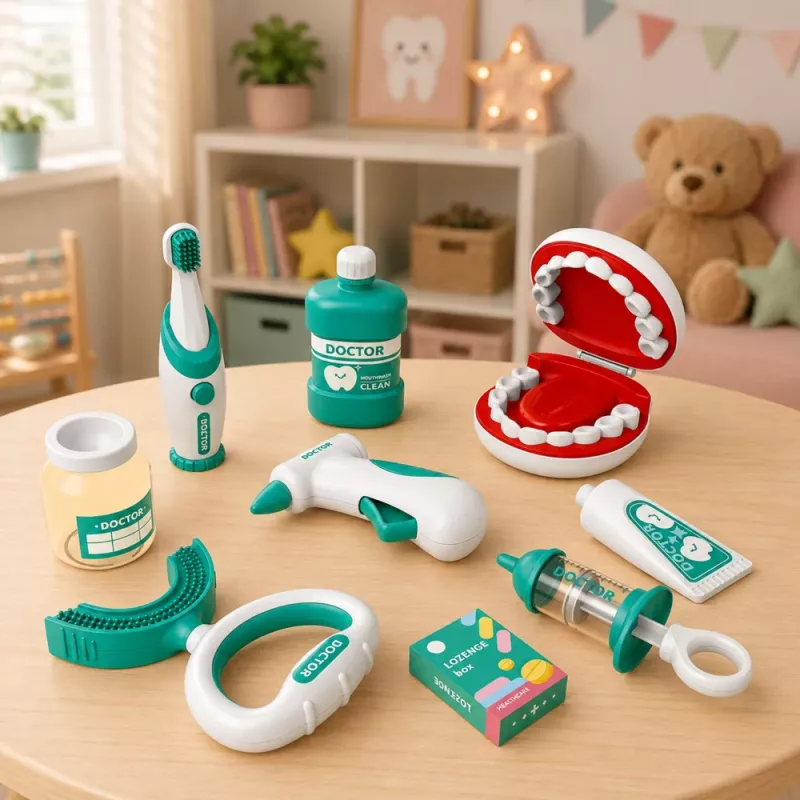 LEAN TOYS Piccolo set da dentista con spazzolino vibrante, blu, 15 pezzi