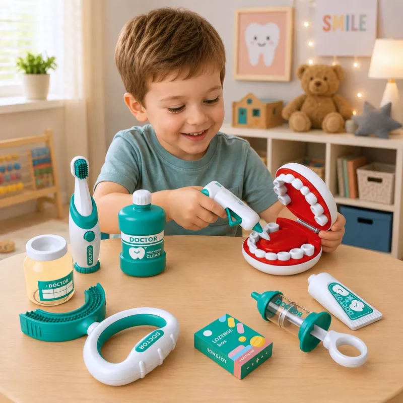 LEAN TOYS Piccolo set da dentista con spazzolino vibrante, blu, 15 pezzi