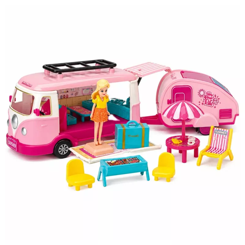 LEAN TOYS set da viaggio camper con rimorchio mobili per bambole accessori rosa
