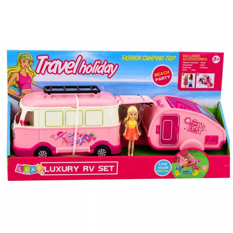 LEAN TOYS set da viaggio camper con rimorchio mobili per bambole accessori rosa
