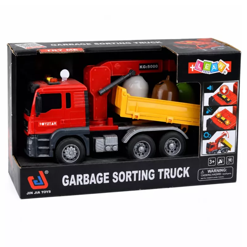 LEAN TOYS camion gru contenitore per la raccolta differenziata luci suoni rosso