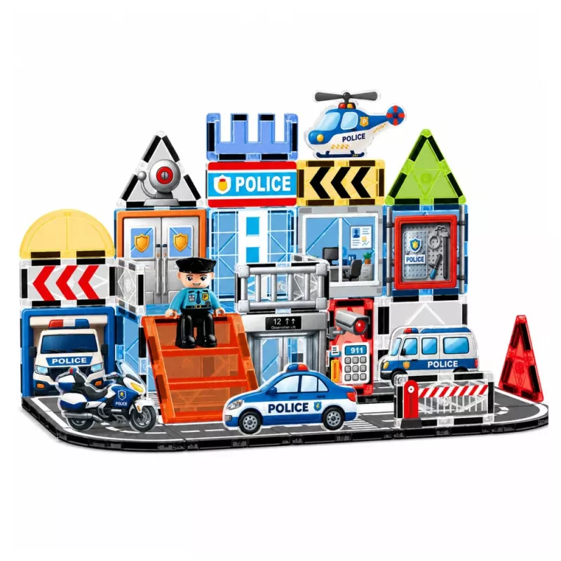 LEAN TOYS costruzioni magnetiche base polizia veicoli poliziotto 44 pezzi