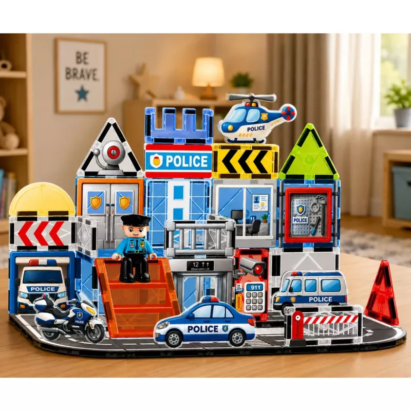 LEAN TOYS costruzioni magnetiche base polizia veicoli poliziotto 44 pezzi