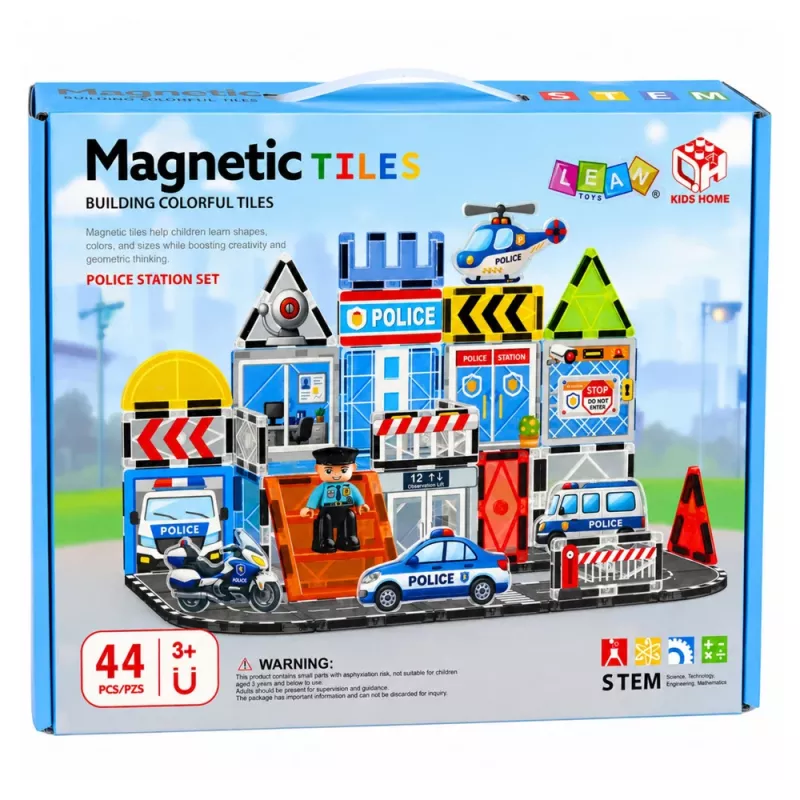 LEAN TOYS costruzioni magnetiche base polizia veicoli poliziotto 44 pezzi