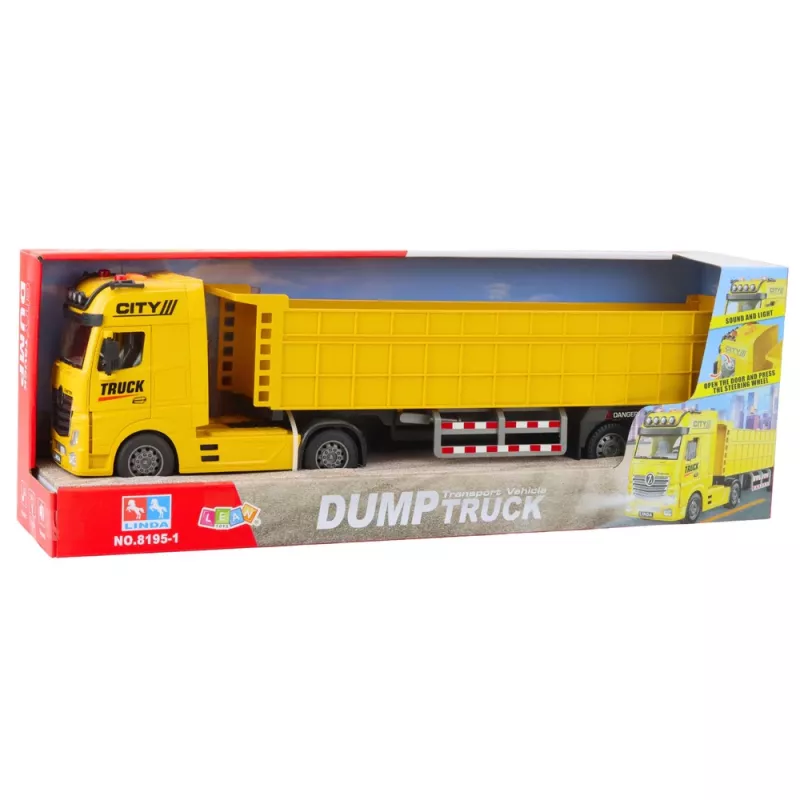 LEAN TOYS Camion da trasporto con rimorchio sollevabile, luci e suoni, giallo