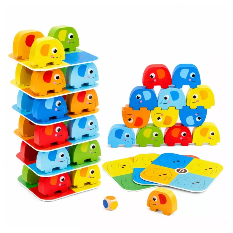 LEAN TOYS Torre degli elefanti gioco di abilità elefanti in equilibrio con carte colorate 46 pezzi