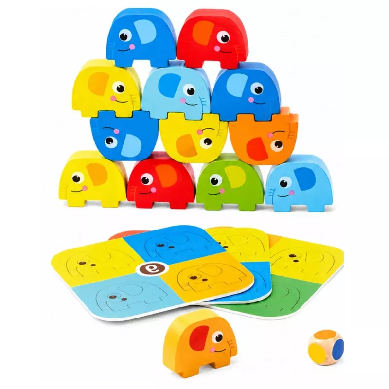 LEAN TOYS Torre degli elefanti gioco di abilità elefanti in equilibrio con carte colorate 46 pezzi