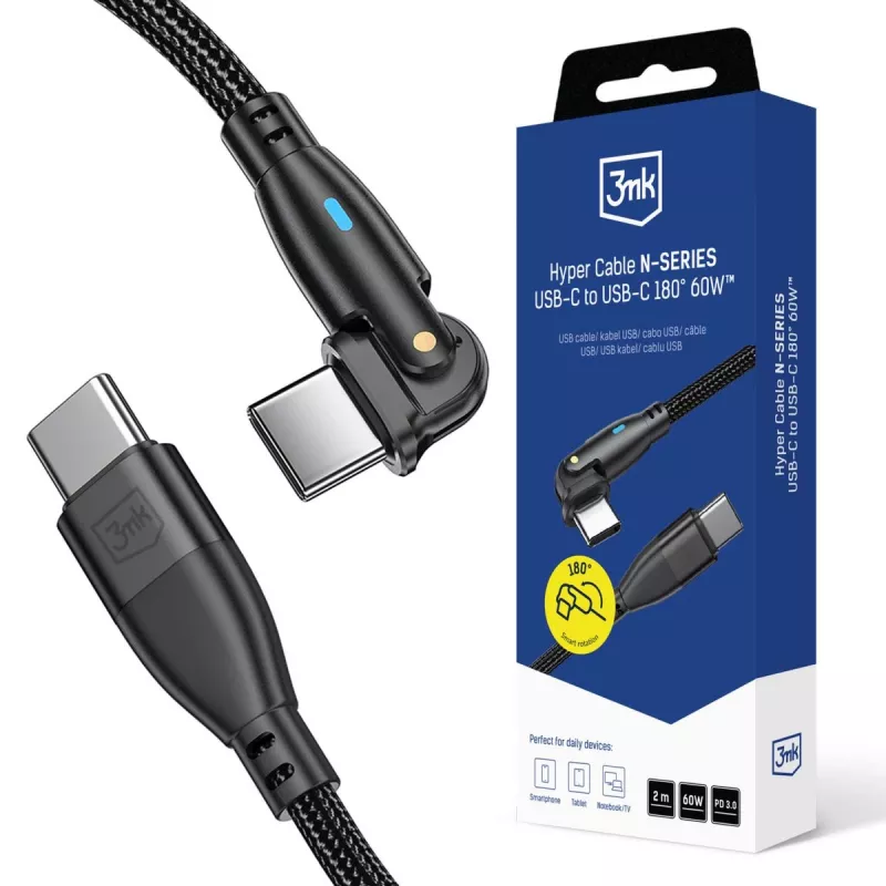 3MK Hyper Cable N-SERIES Cavo USB-C a USB-C 2m 20V/3A 60W Nero - Orientabile