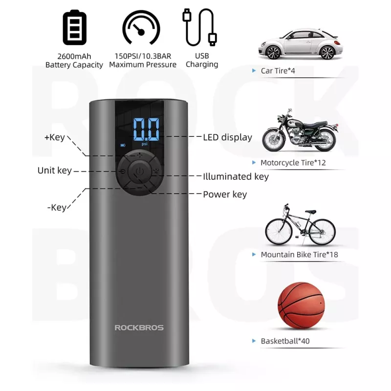 ROCKBROS Pompa elettrica per bici con display LED, ricarica USB-C, 150 PSI, Presta/Schrader/Dunlop, nera