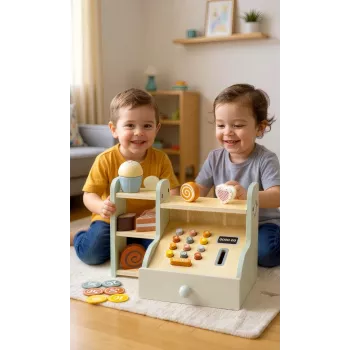 PROMIS registratore di cassa in legno per bambini – cassa gioco di ruolo con banconote finte, scanner e carta di credito