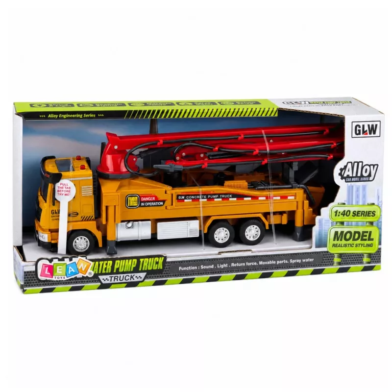 LEAN TOYS Camion pompa calcestruzzo RC giocattolo con luci, suoni, spruzzo d'acqua, scala 1:40